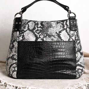 Modern Python Print Shoulder Tote with Croc Embossed Detail